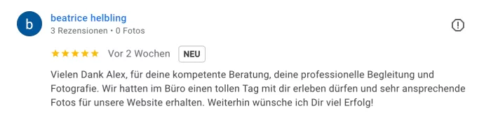 5-Sterne-Google-Kundenbewertung von Beatrice Helbling für Personal-Branding-Fotos und Business-Coaching bei Alex für Coaches und Berater:innen in der deutschsprachigen Schweiz.