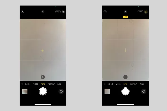 Sofern Du Intelligente HDR beziehungsweise Auto-HDR deaktiviert hast, kannst Du «HDR» (oben rechts) in der Kamera-App manuell ein- und ausschalten. Ebenfalls oben rechts siehst Du die Funktion «Live».